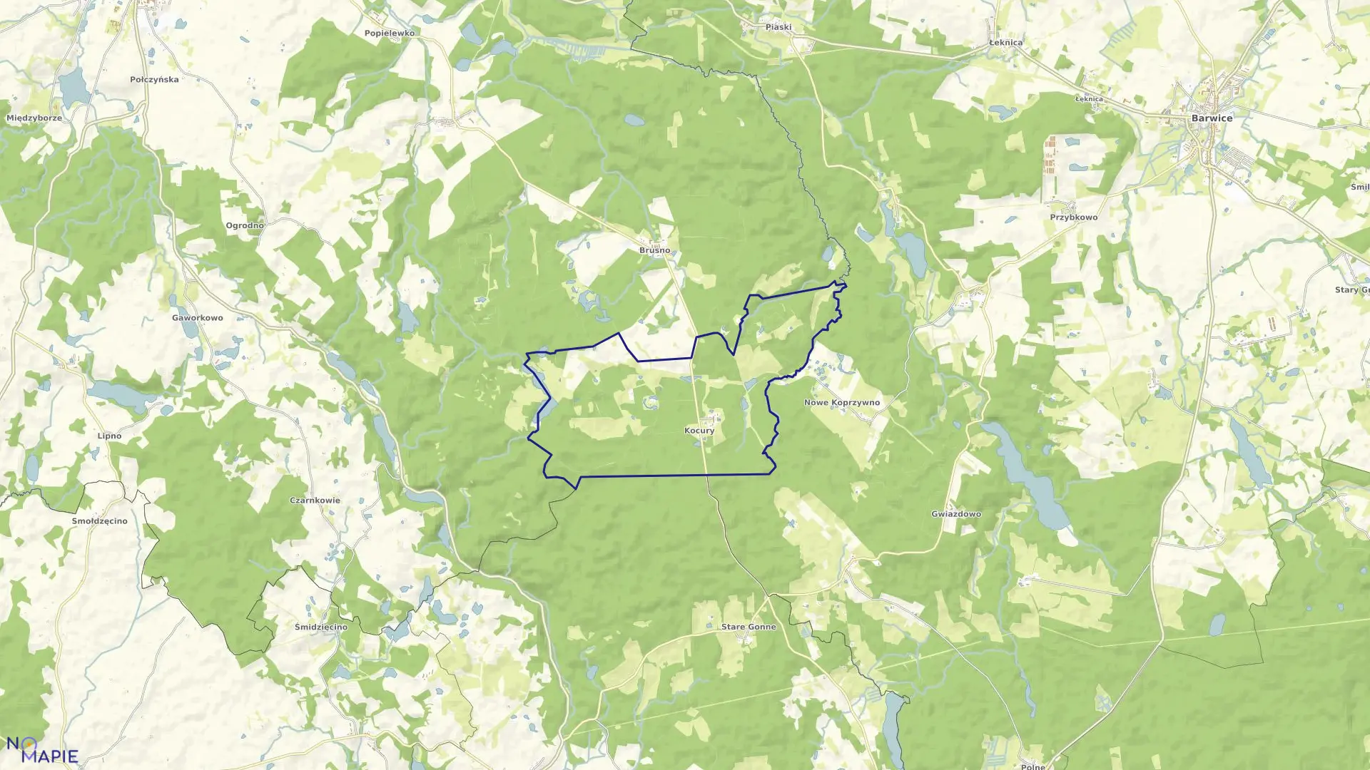 Mapa obrębu Kocury w gminie Połczyn-Zdrój